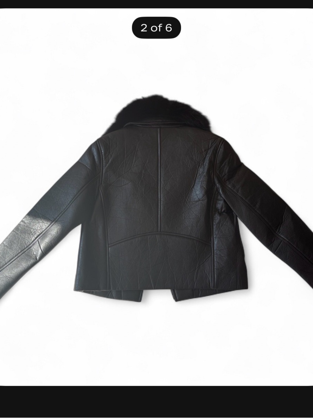 Black Real Fox Fur Collar Genuine Italian Leather Moto Jacket - Women - Picture 2 of 6